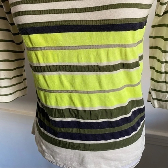 J Crew - Grey Cream Chartreuse/Green Striped Tee Shirt - Picture 3 of 6